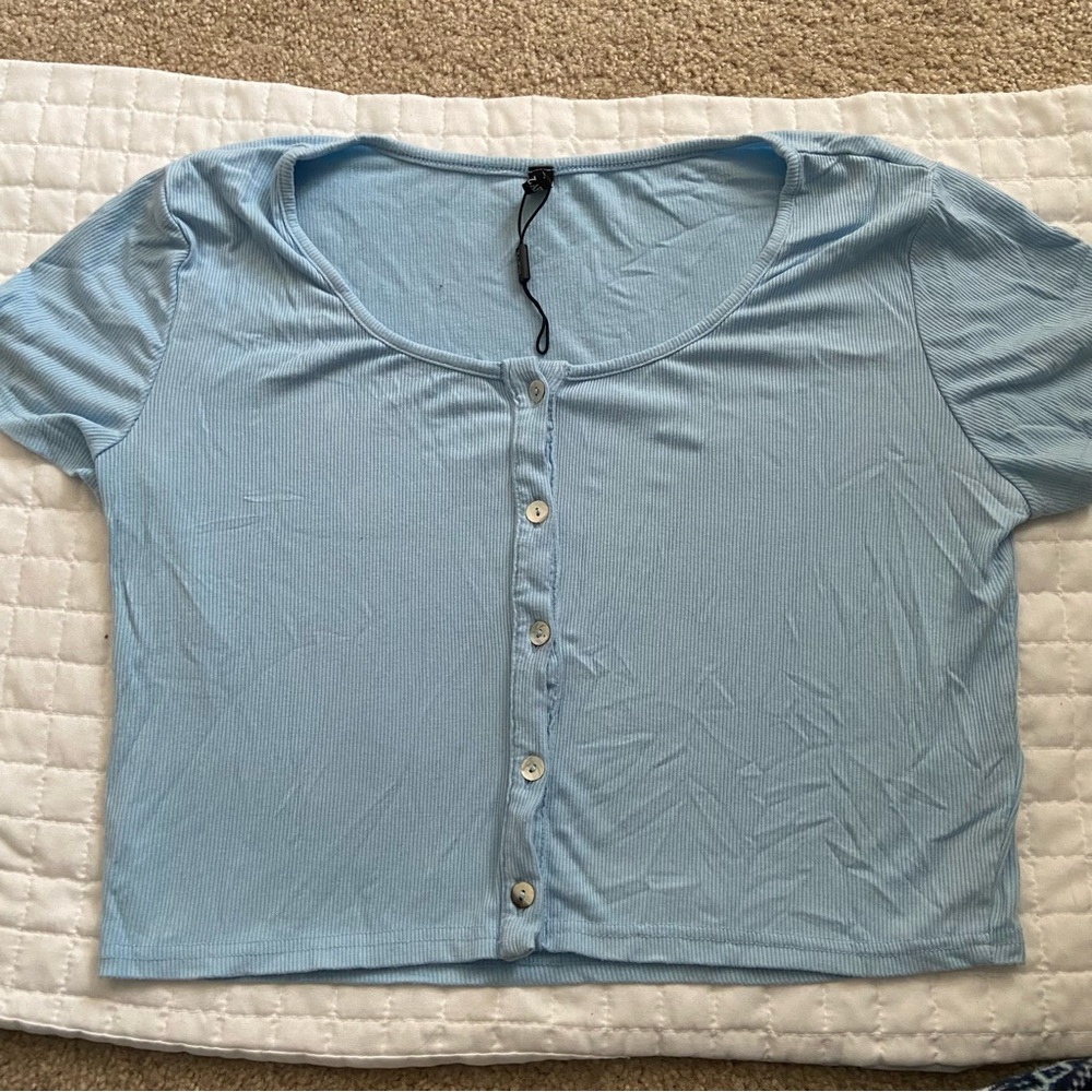 Zaful Blue Ribbed Cropped Button-Up